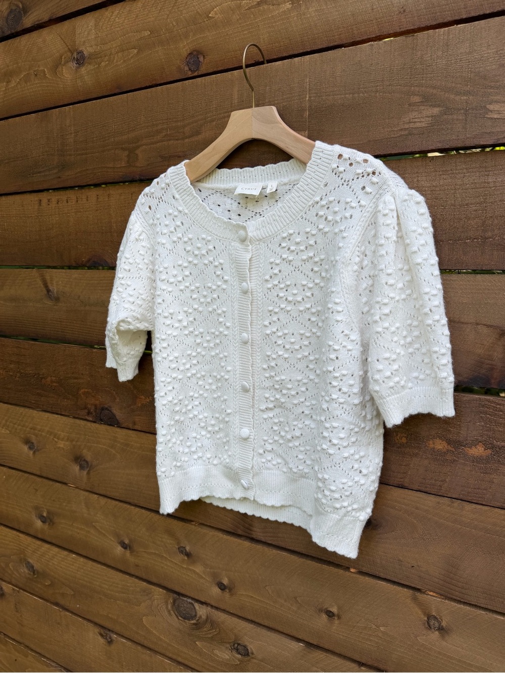 Cyrus Cream Openwork Knit Button-Up Short Sleeve Sweater Cardigan Blouse - Picture 3 of 8